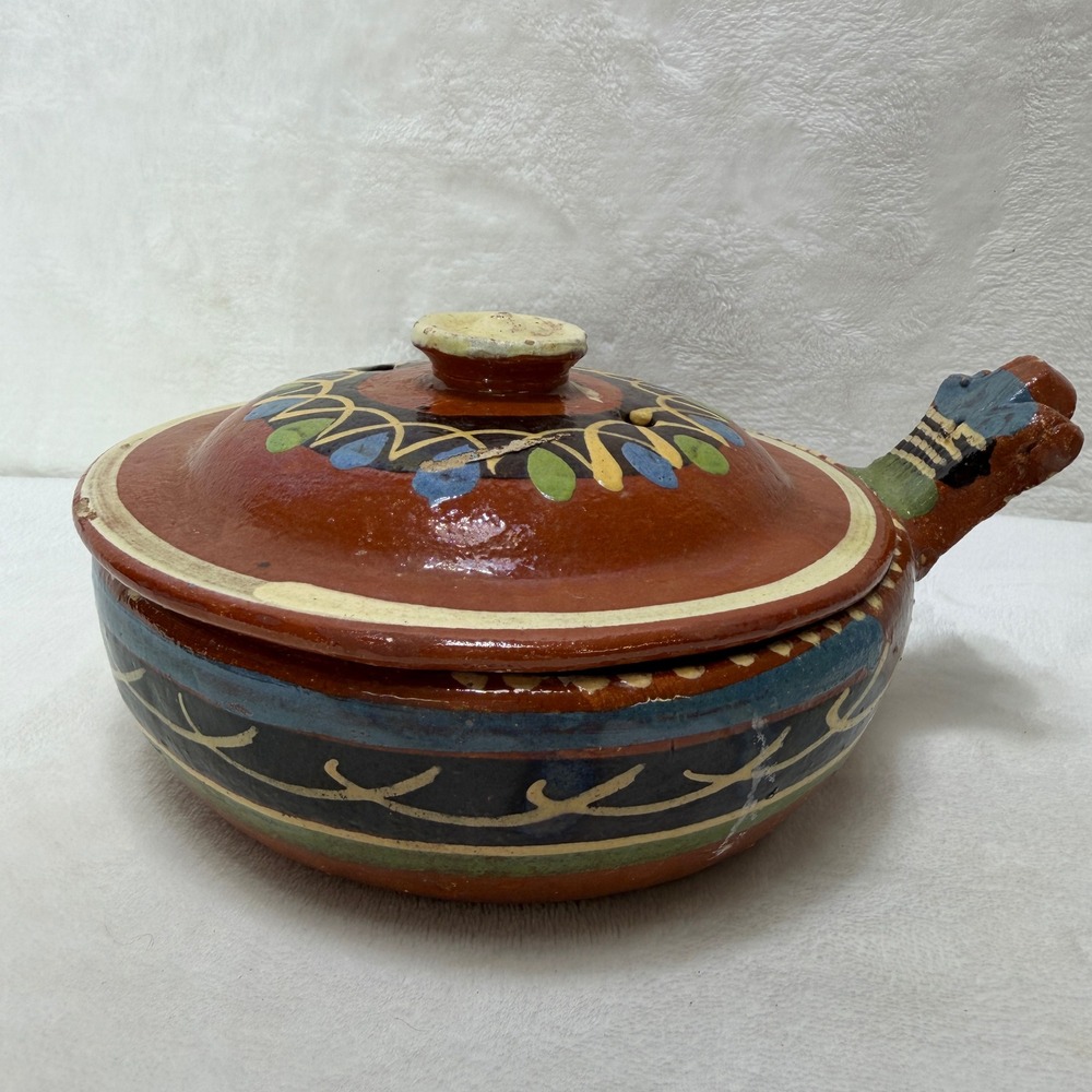 VTG Mexican Folk‎ Art Terracotta Lidded Bean Pot Hand Painted Clay Cazuela